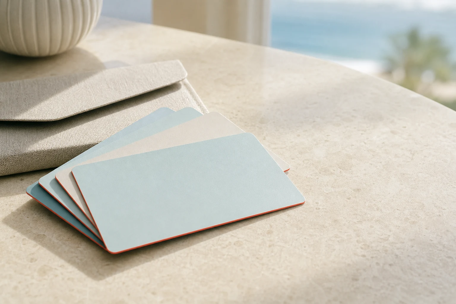 Close detail of stacked classic hotel key cards on pale limestone