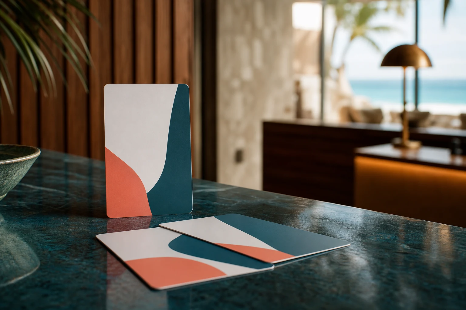 Three unbranded classic hotel key cards arranged on a dark teal reception counter