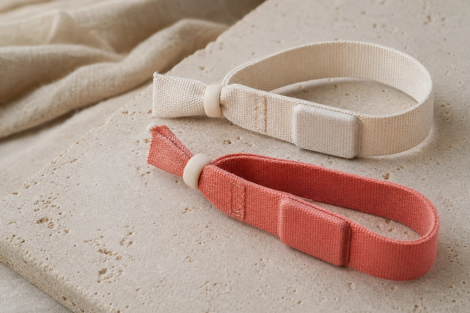 Close detail of natural and coral cotton RFID wristbands