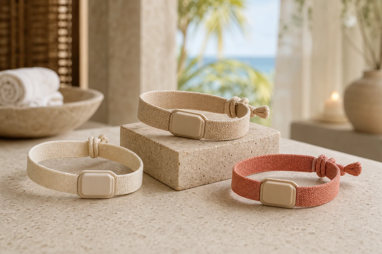 Three unbranded cotton RFID wristbands arranged at a Caribbean spa