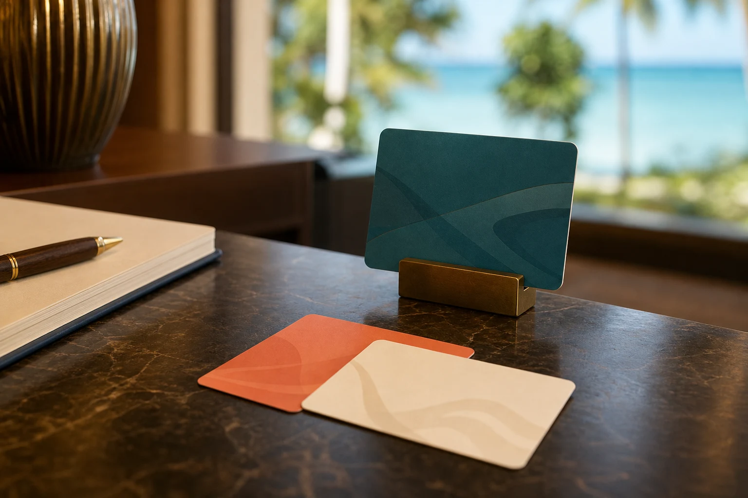 Three unbranded NFC contact cards arranged at a hotel concierge desk