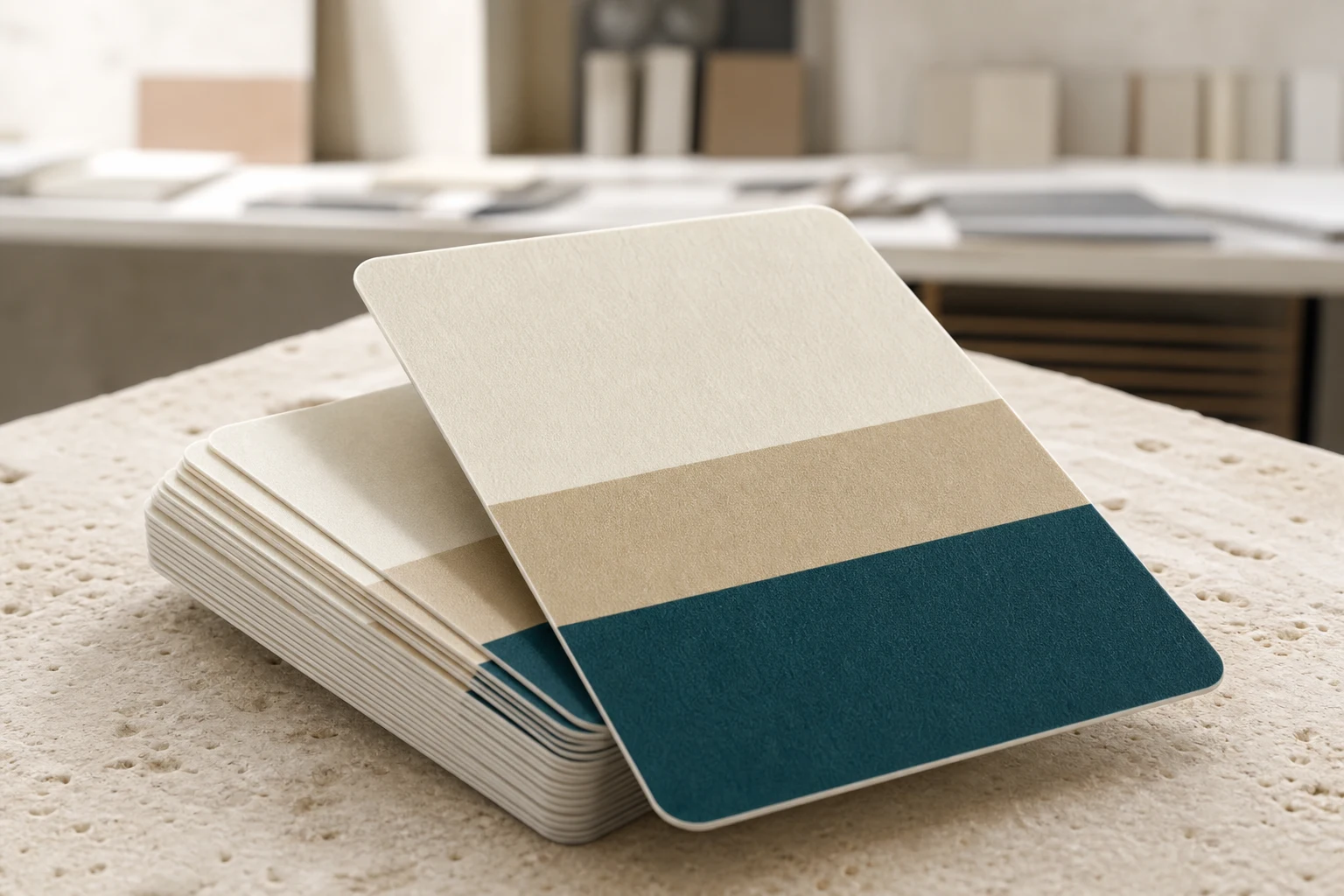 Close detail of stacked plant-based-body hotel key cards