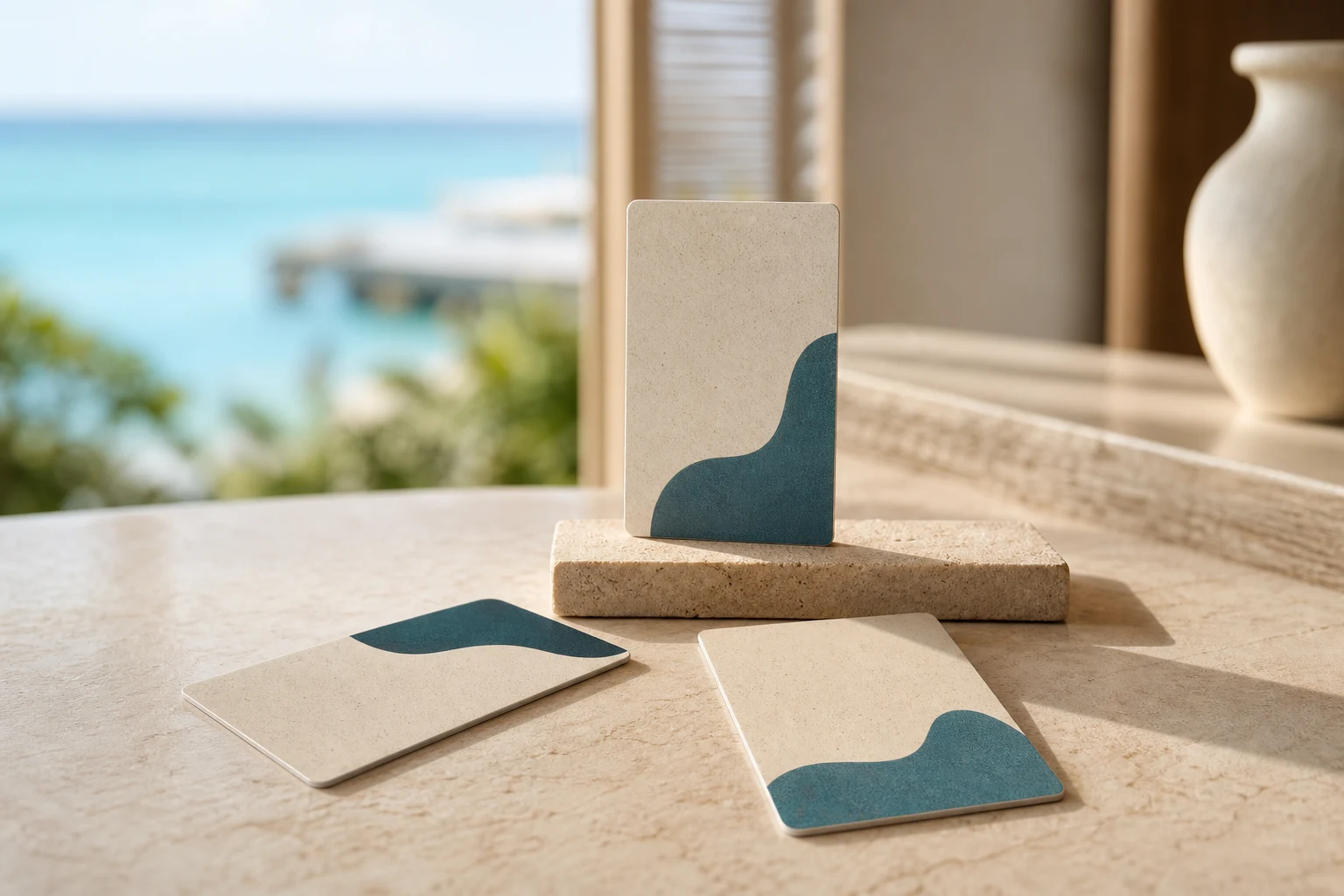 Three unbranded plant-based-body hotel key cards on limestone