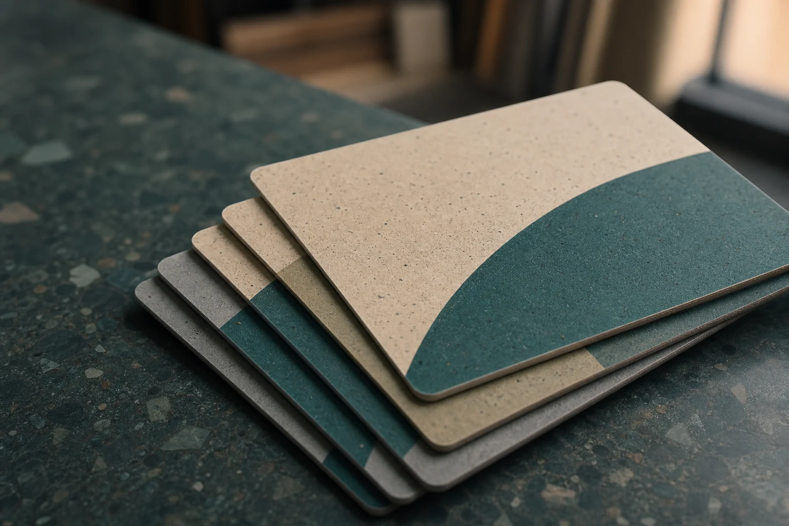 Macro detail of stacked recycled-content hotel key cards