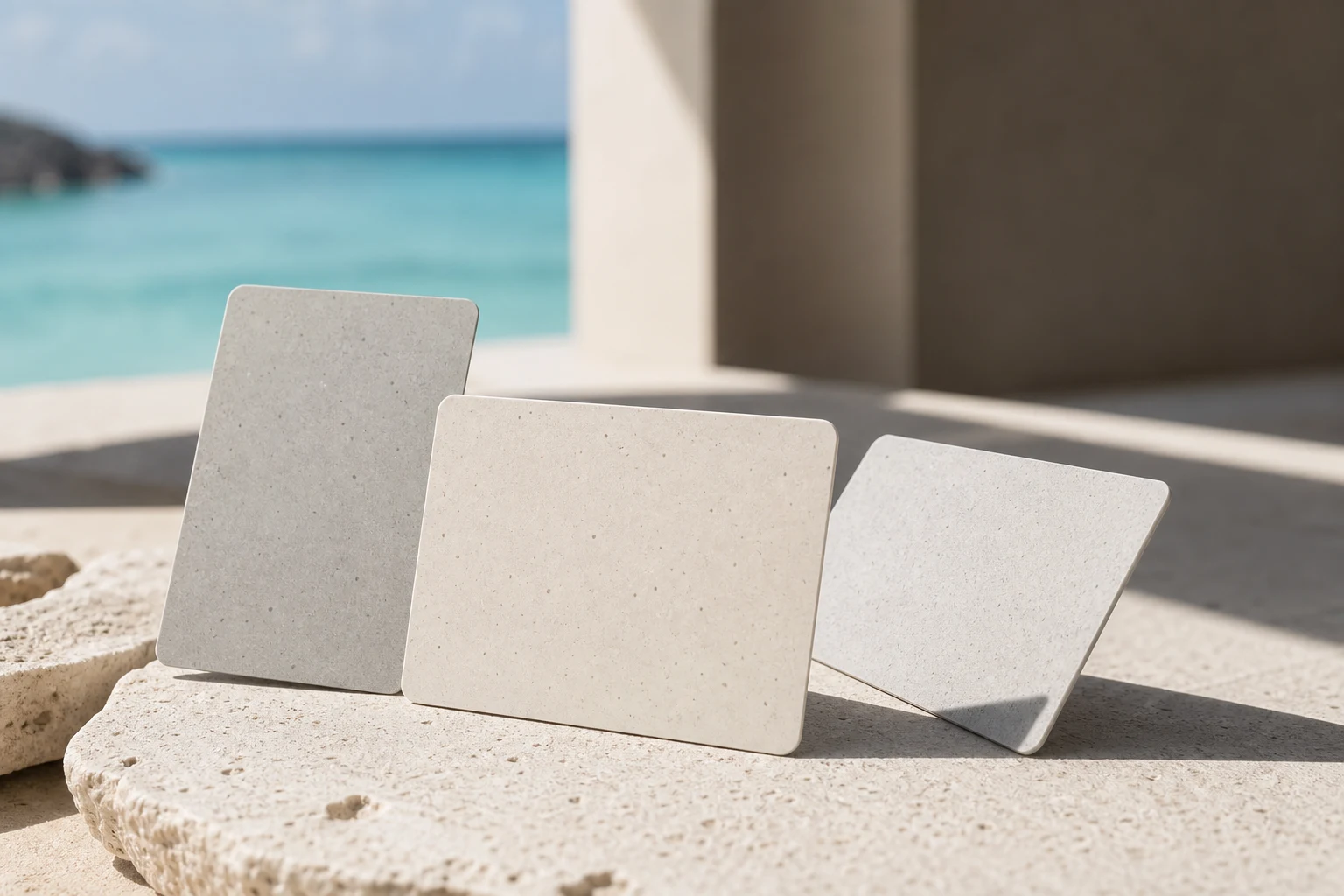 Three unbranded recycled-content hotel key cards on a limestone plinth
