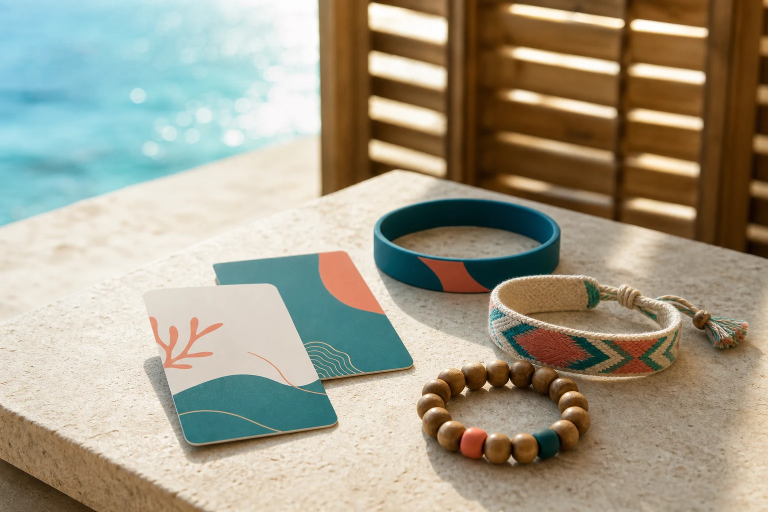 Coordinated unbranded resort cards and RFID wristbands on limestone