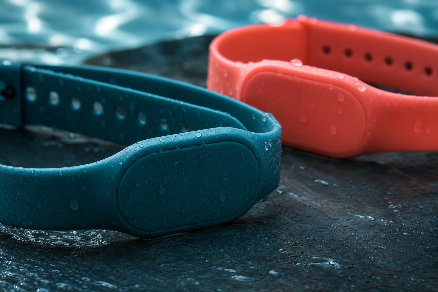 Wet macro detail of teal and coral silicone RFID wristbands