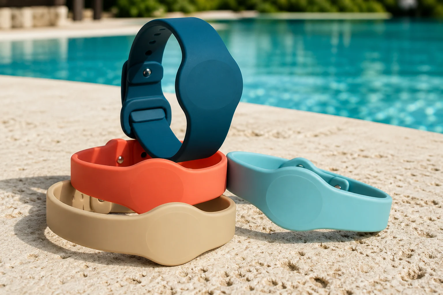 Four unbranded silicone RFID wristbands arranged beside a resort pool