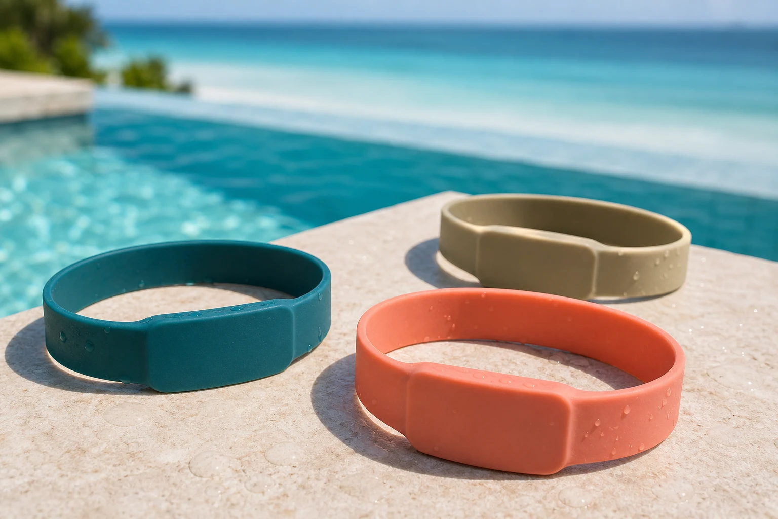 Illustrative unbranded silicone RFID resort wristbands beside Caribbean water