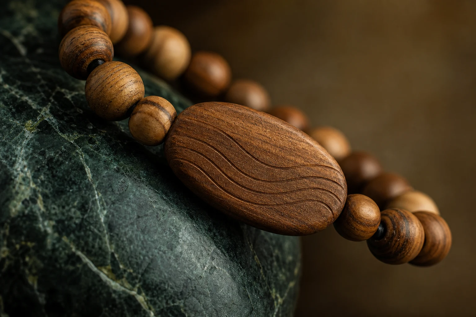 Macro detail of a wood-bead RFID wristband on dark green stone