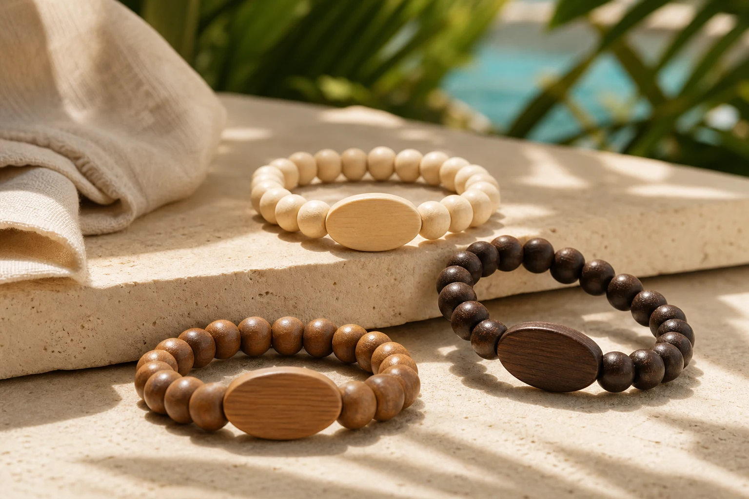 Three unbranded wood-bead RFID wristbands arranged on a spa terrace