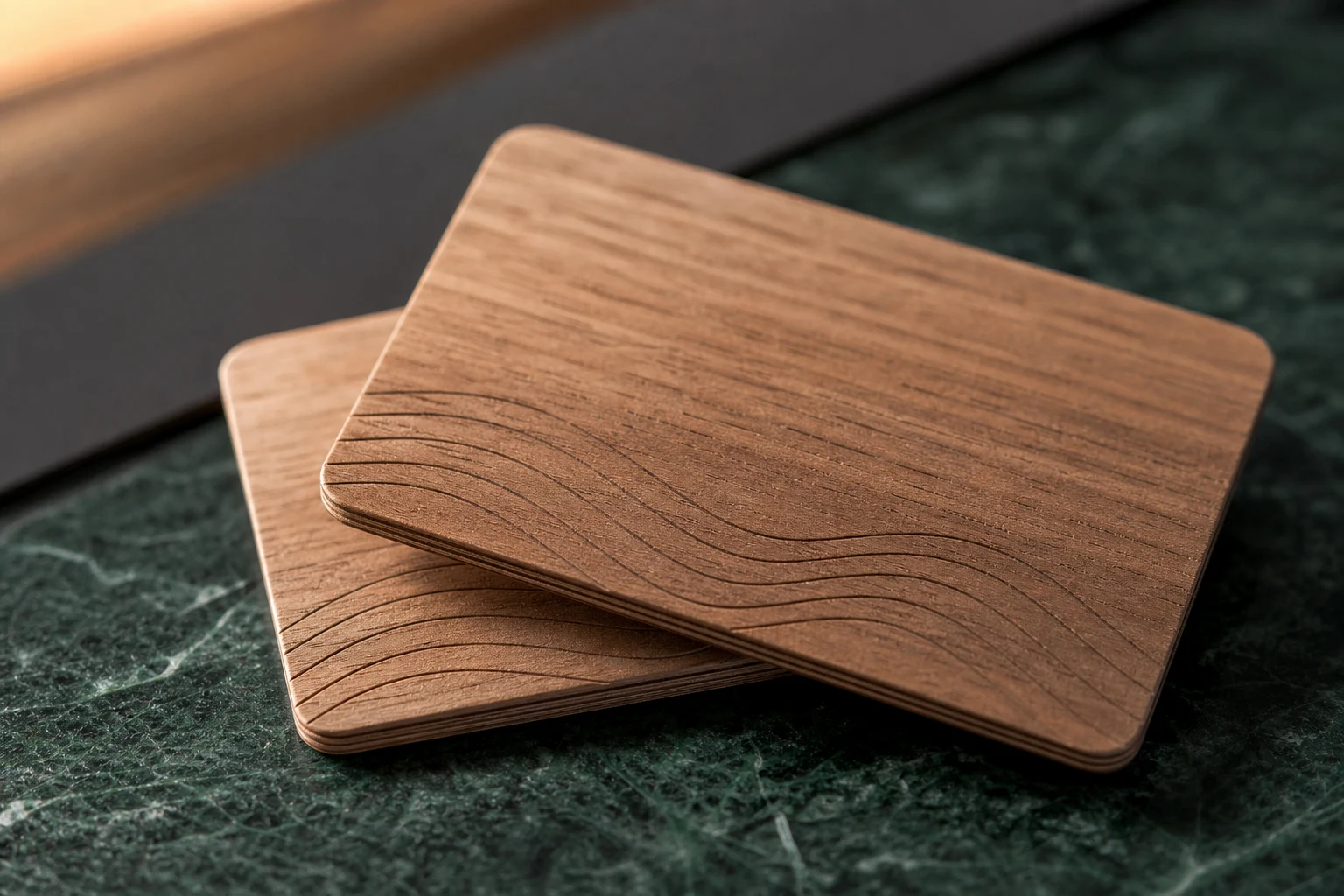 Macro detail of layered wood hotel key cards on dark green stone