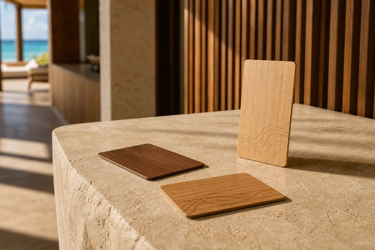 Three unbranded wood hotel key cards arranged on a resort reception desk