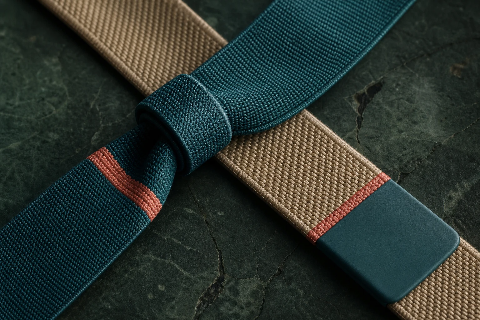 Macro detail of crossing teal and sand woven RFID wristbands
