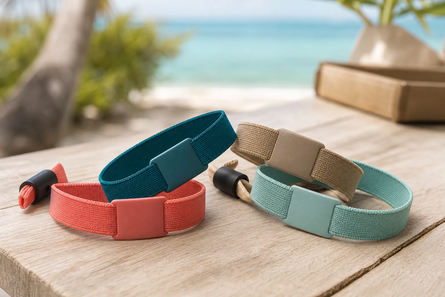 Four unbranded woven RFID wristbands arranged at a resort activity desk